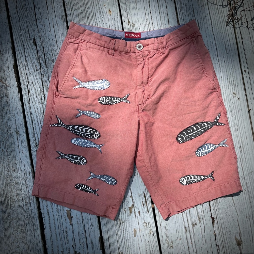 Sardines On Shorts Bermuda OOAK Merona Size 28 Upcycled Summer 2025 Unisex Fun!
